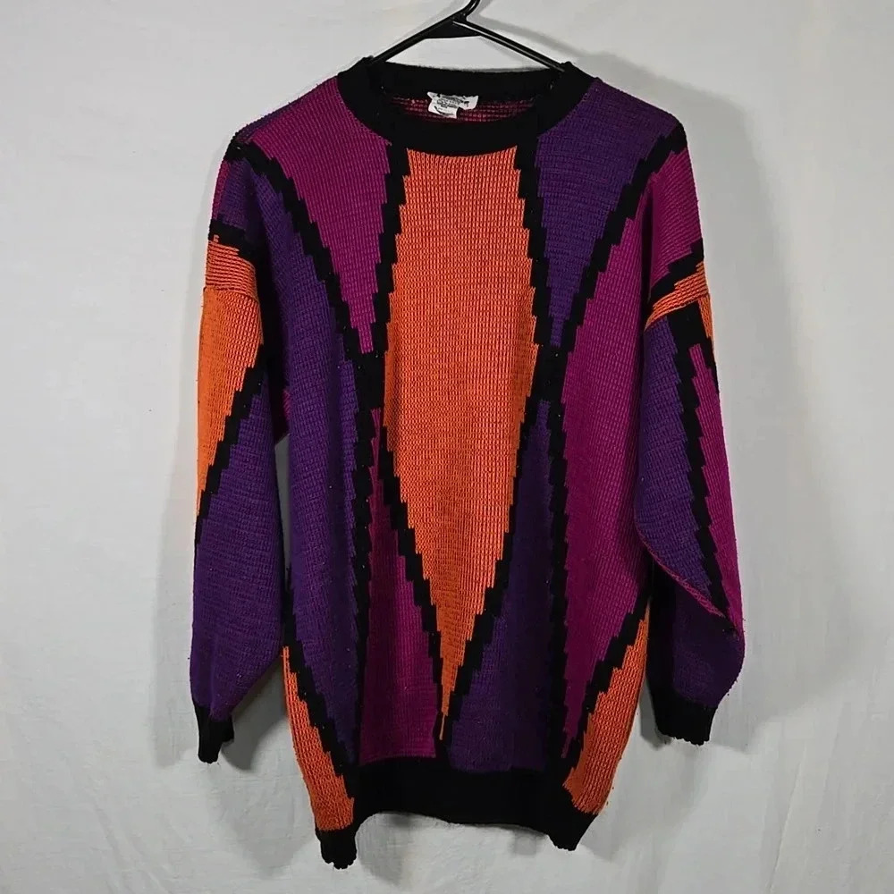 Vintage Bright Lights Orange, Purple, Pink, and Black Crew Neck Sweater Size L